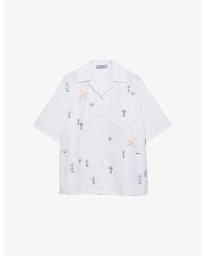 Prada Embroidered Short-Sleeve Cotton Poplin Shirt - White