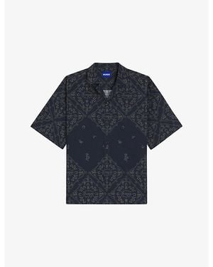 HUGO Branded-Print Short-Sleeved Cotton-Poplin Shirt - Blue