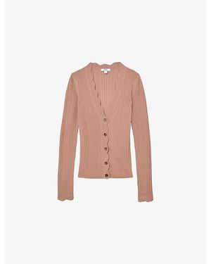 Reiss Vinny Scallop-Trim Ribbed-Knit Cardigan - Pink