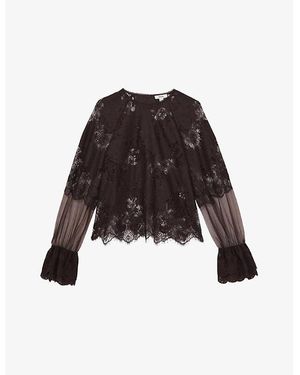 Reiss Emilia Flared-Cuff Lace Blouse - Black