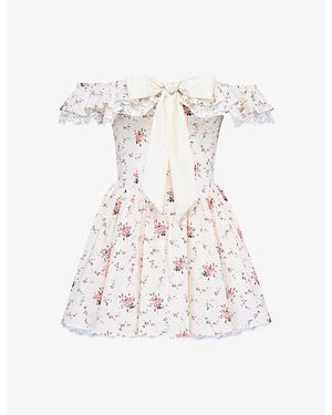 House Of Cb Jaide Floral-Print Off-Shoulder Stretch-Cotton Mini Dress - White