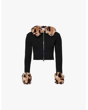 House Of Sunny Peggy Faux-Fur-Collar Knitted Cardigan - Black