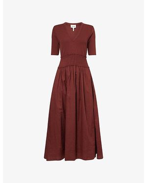 ME+EM V-Neck Smocked Stretch-Cotton Maxi Dress - Red