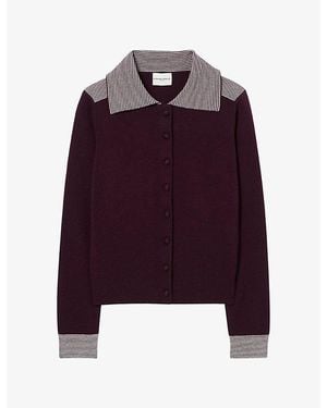 Claudie Pierlot Striped-Trim Knitted Wool-Blend Cardigan - Purple