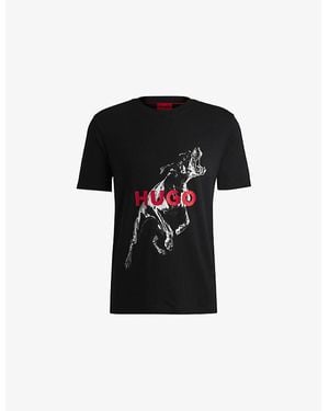 HUGO Branded-Print Short-Sleeved Cotton-Jersey T-Shirt - Black