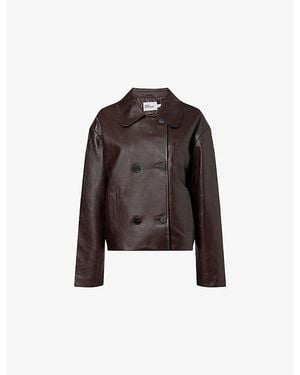 Self-Portrait Cropped Double-Breasted Leather Jacket - Brown