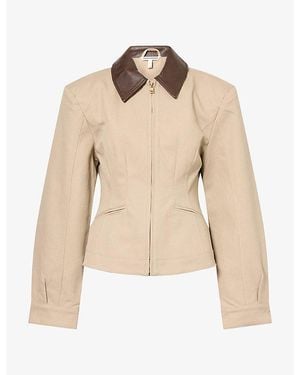 The Couture Club Contrast-Collar Cinched-Waist Cotton Jacket - Natural