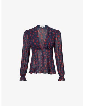 Reformation X Nara Smith Rose-Print V-Neck Woven Blouse - Blue