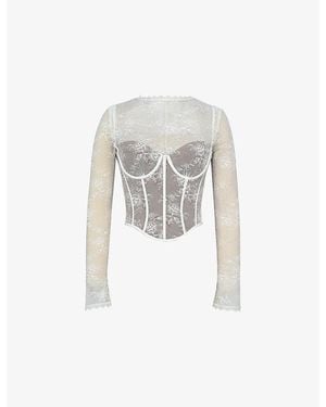 House Of Cb Zoe Long-Sleeved Lace Corset Top Xs (A-C Cup) - White