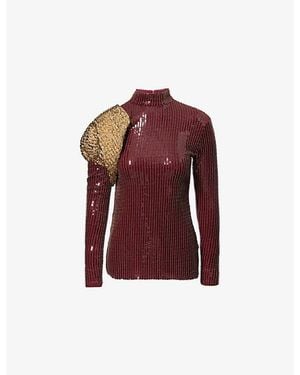 ‎Dima Ayad Studded Sequin High-Neck Woven Top - Red
