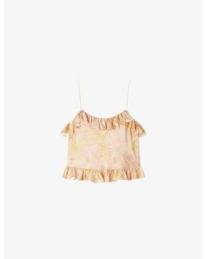 Sandro Cropped Flower-Print Woven Cami Top - Natural