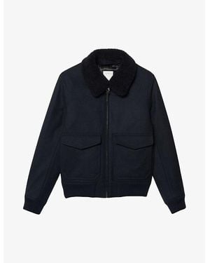 Sandro Aviator Zip-Through Shearling Wool-Blend Jacket - Blue