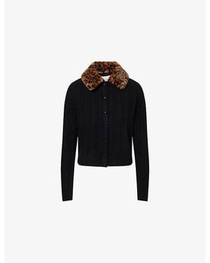 Reformation Hannah Faux Fur-Collar Merino-Wool Cardigan - Black