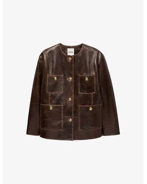 Sandro Distressed Button-Embellished Leather Jacket - Brown