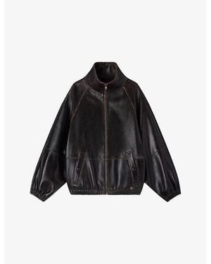 Sandro Distressed Funnel-Neck Leather Jacket - Black
