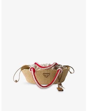 Prada Logo-Embellished Small Raffia Crochet Bag - Natural