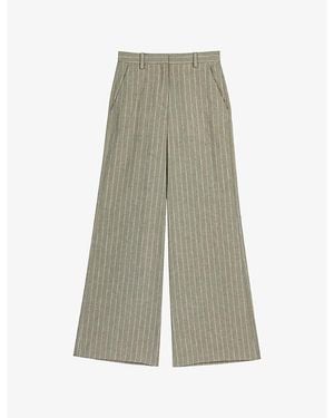Maje Striped Wide-Leg Cotton And Linen-Blend Trousers - Green