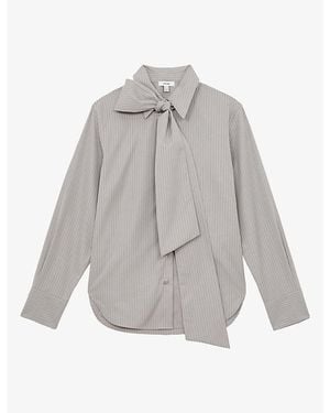 Reiss Elowen Striped Tie-Neck Cotton Shirt - Grey