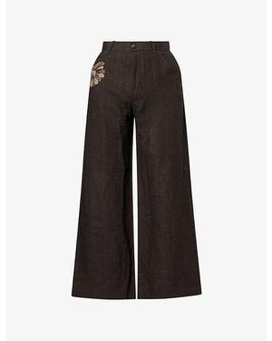 Kartik Research Herringbone Embroidered Wide-Leg Linen Pants - Black