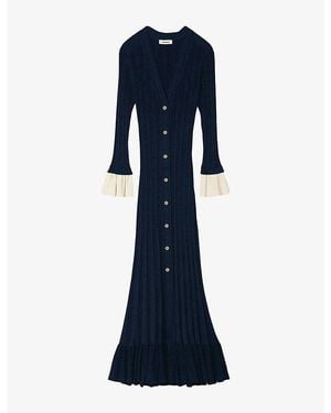 Sandro V-Neck Contrast-Cuff Knitted Midi Dress - Blue