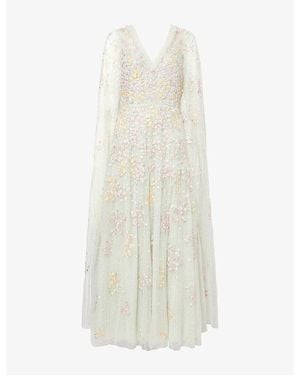 Needle & Thread Versailles Cape-Sleeve Lace Ankle Gown - White