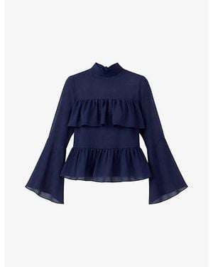 Ro&zo Frill-Trim Long-Sleeve Chiffon Blouse - Blue