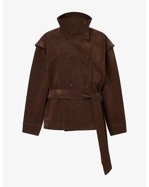 The Couture Club Funnel-Neck Tie-Waist Faux Suede Jacket - Brown