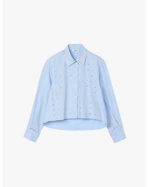 Sandro Rhinestone-Embellished Cropped Cotton Shirt - Blue