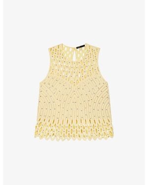 Maje Crochet Rhinestone-Embellished Woven Top - Natural