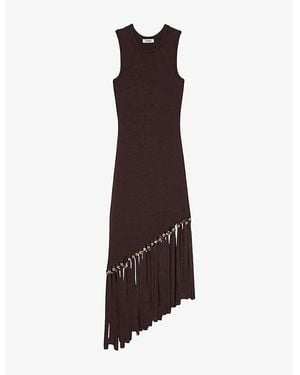 Sandro Sleeveless Fringed-Hem Knitted Midi Dress - Brown