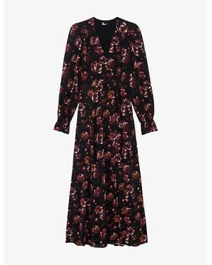 The Kooples Floral-Print Long-Sleeve Woven Maxi Dress - Black