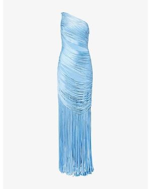 David Koma Fringe Asymmetric Draped Woven Maxi Dress - Blue