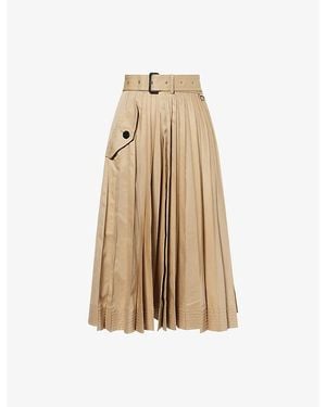 Sacai Belted Pleated Cotton-Garbadine Midi Skirt - Natural