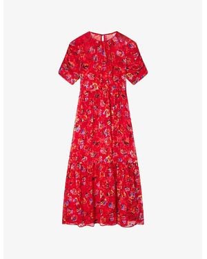 LK Bennett Tilly Floral-Print Puff-Sleeve Silk Midi Dress - Red