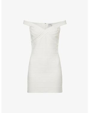 Hervé Léger The Rachel Off The Shoulder Stretch-Knitted Mini Dress - White