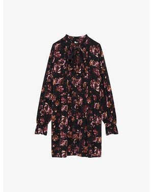 The Kooples Rose-Print Long-Sleeve Woven Mini Dress - Red