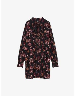 The Kooples Rose-Print Long-Sleeve Woven Mini Dress - Red
