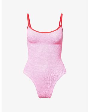 Hunza G Pamela Contrast-Strap Seersucker Swimsuit - Pink