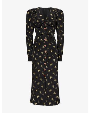 Alessandra Rich Floral-Print Collared Silk Midi Dress - Black