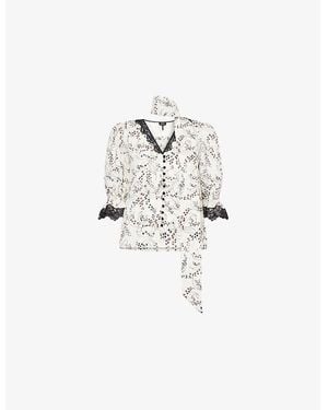ME+EM Floral-Print Lace-Trim Silk Blouse - White