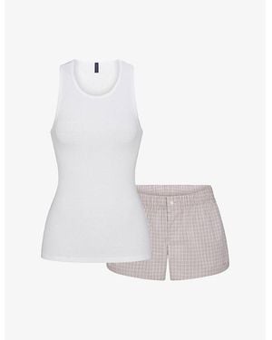 Skims Checked Stretch-Cotton Tank Top And Boxer Shorts Set - White