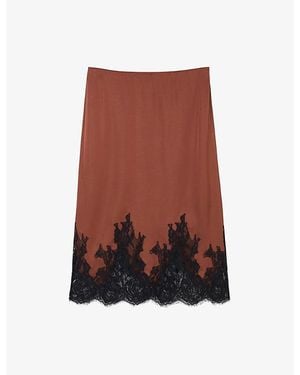 Whistles Lace-Hem Satin Midi Skirt - Brown