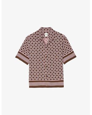 Sandro Square Cross-Print Short-Sleeve Satin Shirt - Purple