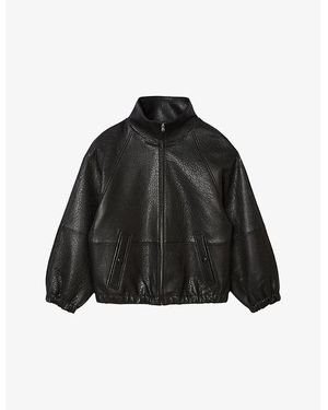 Sandro High-Neck Oversized Leather Jacket - Black