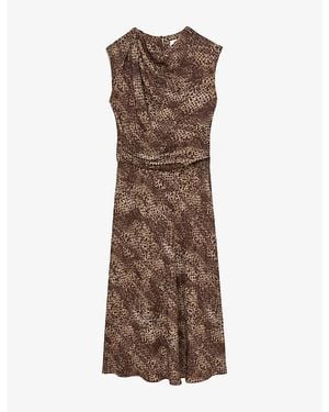 Reiss Camie Draped-Detail Printed Woven Midi Dress - Brown