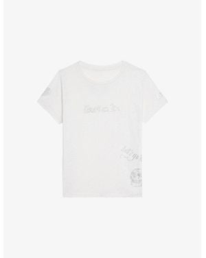 Zadig & Voltaire Round-Neck Rhinestone-Embellished Cotton-Blend T-Shirt - White