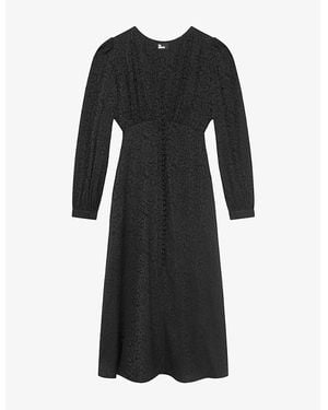 The Kooples V-Neck Leopard-Print Woven Midi Dress - Black