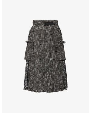 Sacai Pleated Graphic-Pattern Tweed Midi Skirt - Grey