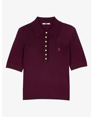 Maje Brand-Embroidered Short-Sleeve Wool Polo Jumper - Purple