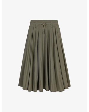 Maje Pleated Belted-Waist Cotton-Blend Maxi Skirt - Green